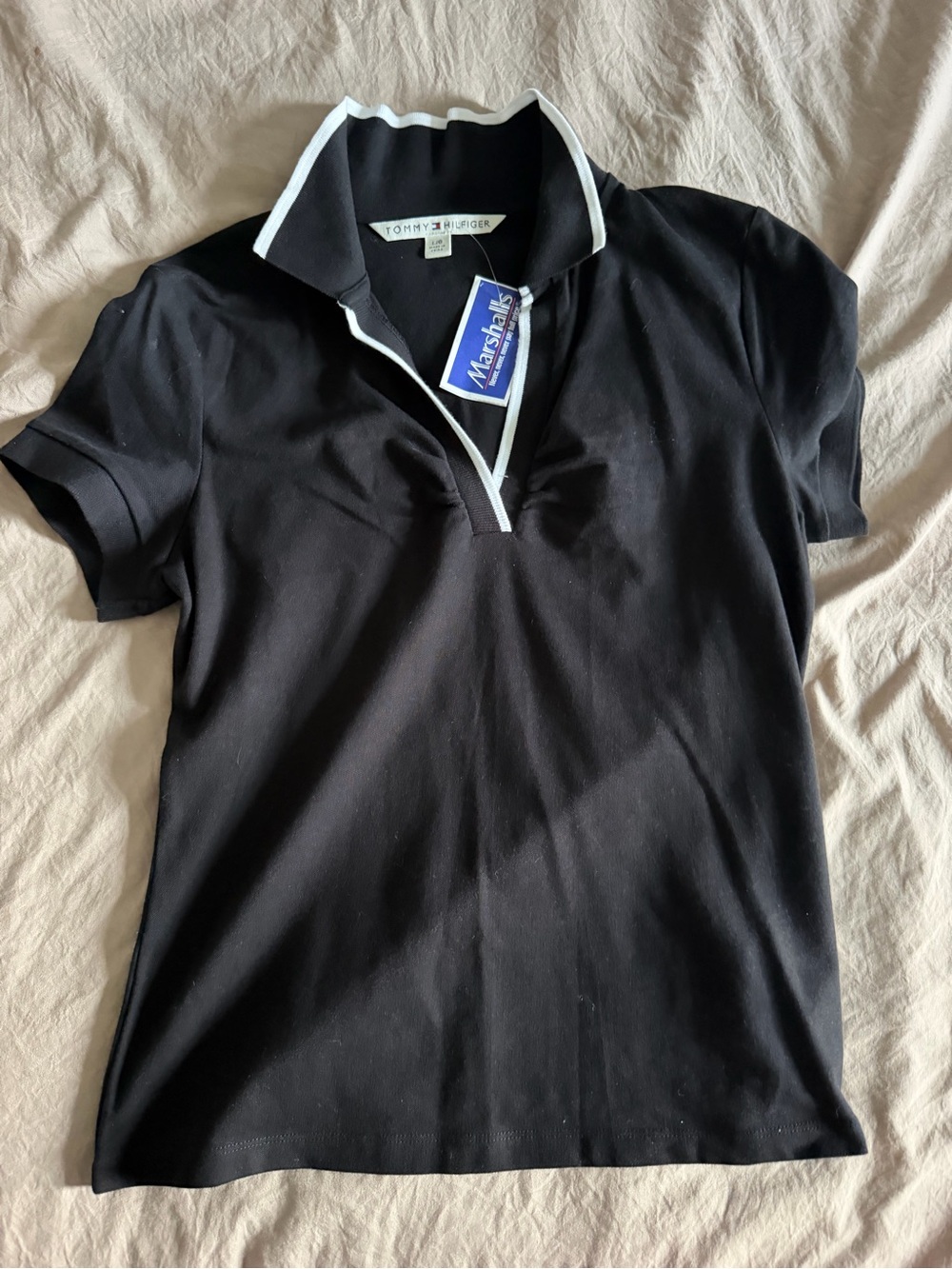 Tommy Hilfiger Black Polo Top with White Trim Accents